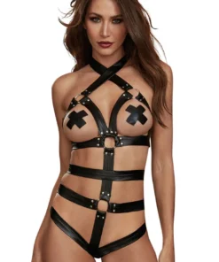 Dreamgirl Lingerie Fiery Faux Leather Teddy & Wrist Restraints