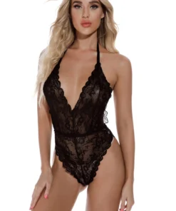 3WISHES Scalloped Lace Halter Teddy Lingerie