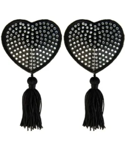 XGEN Black Satin Heart-White Stones & Tassel Nipple Pasties Lingerie