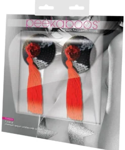 XGEN Black & Red Sequin With Black Tassel Nipple Pasties Lingerie