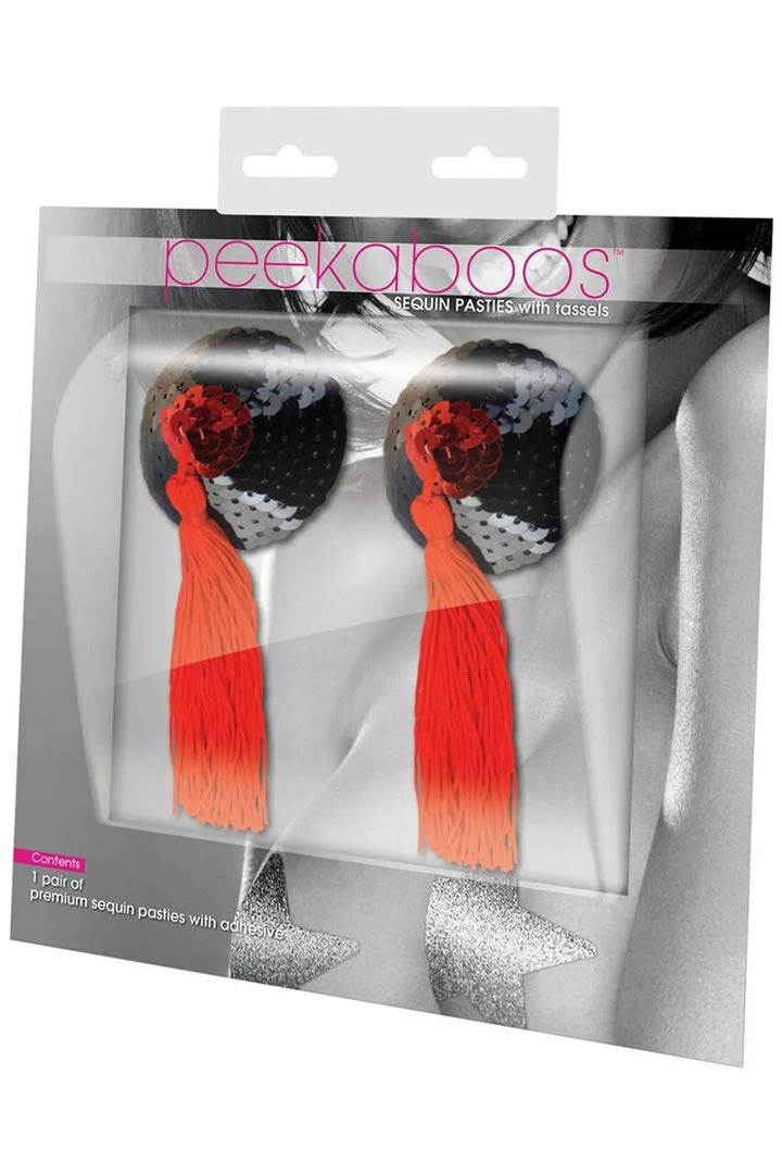 XGEN Black & Red Sequin With Black Tassel Nipple Pasties Lingerie 1 XGEN Black & Red Sequin With Black Tassel Nipple Pasties Lingerie