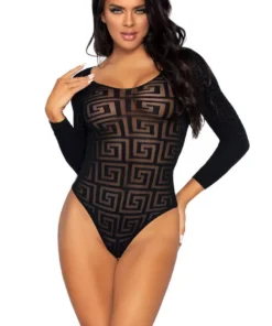 Leg Avenue Black Mosaic Sheer Opaque Snap Crotch Bodysuit Lingerie