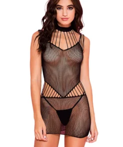Music Legs Black Fishnet Mini With Strappy Neck And Mid Section