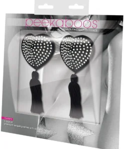 XGEN Black Satin Heart-White Stones & Tassel Nipple Pasties Lingerie
