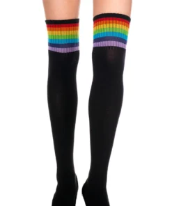 Music Legs Hosiery Black Thigh High Sock Stockings With Rainbow Stripes