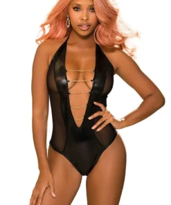 Shirley Of Hollywood Gold Chains Wet Look Sheer Bodysuit Lingerie