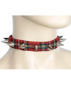 Funk Plus 3-4" Red Plaid Choker With Small Cone Spikes