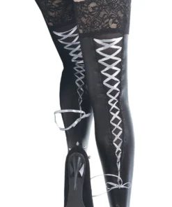 Coquette Lace Up Ribbon Wet Look Thigh High Stockings Lingerie