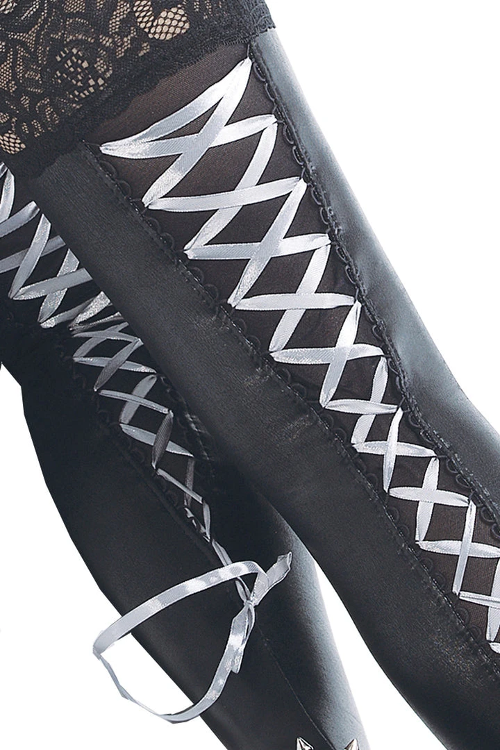 Coquette Lace Up Ribbon Wet Look Thigh High Stockings Lingerie 4 Coquette Lace Up Ribbon Wet Look Thigh High Stockings Lingerie