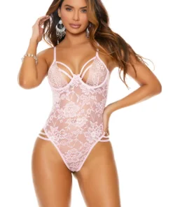Elegant Moments Lingerie Baby Pink Lace Strappy Teddy