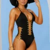Elegant Moments Black And Gold Lace Up Monokini