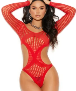 Elegant Moments Lingerie Red Long Sleeve Crochet Teddy