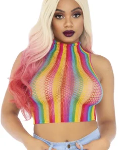Leg Avenue Rainbow Fishnet High Neck Crop Top