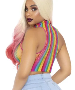 Leg Avenue Rainbow Fishnet High Neck Crop Top