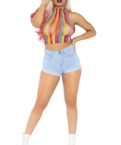Leg Avenue Rainbow Fishnet High Neck Crop Top