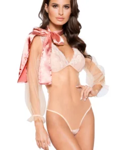 Roma Costume Lingerie Sheer Pink Teddy With Satin Bow