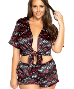Roma Costume Plus Size Lingerie Plus Size Lip Print Satin Pajama Set