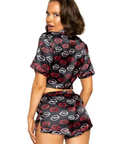 Roma Costume Lingerie Lip Print Satin Pajama Set