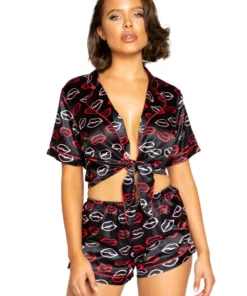 Roma Costume Lingerie Lip Print Satin Pajama Set