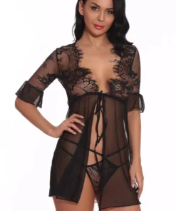 3WISHES Tie Front Robe And Thong Lingerie