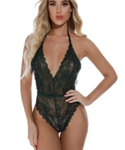 3WISHES Scalloped Lace Halter Teddy Lingerie