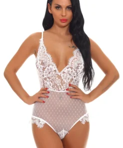 3WISHES Delicate Lace And Dotted Mesh Teddy Lingerie