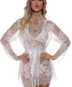 3WISHES Floral Eyelash Lace Robe Lingerie