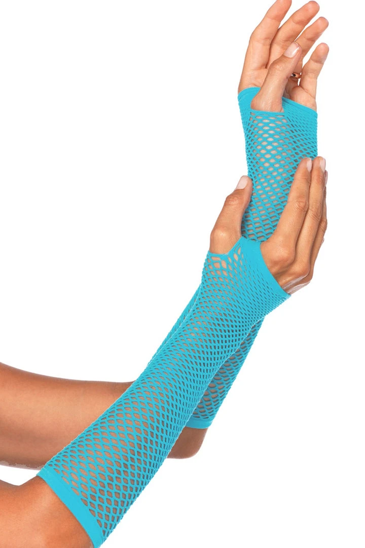 BL Brands Gloves And Arm Warmers Long Neon Blue Fingerless Fishnet Gloves 1 BL Brands Gloves And Arm Warmers Long Neon Blue Fingerless Fishnet Gloves