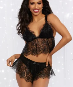 Dreamgirl Stretch Velvet And Eyelash Lace Cami Set