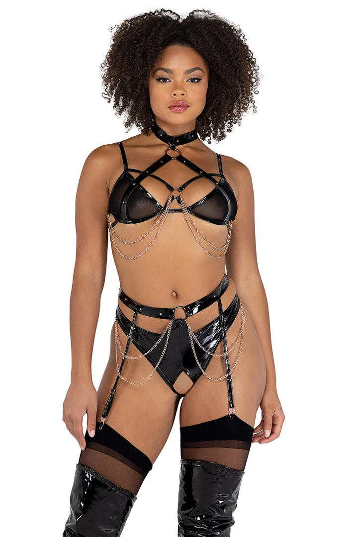 Roma Costume Lingerie Vinyl And Chains Harness Bra And Crotchless Panty 3 Roma Costume Lingerie Vinyl And Chains Harness Bra And Crotchless Panty