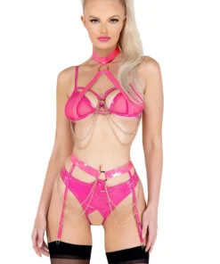 Roma Costume Lingerie Vinyl And Chains Harness Bra And Crotchless Panty