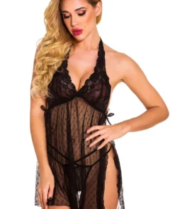 3WISHES Fancy French Dot Halter Babydoll Babydoll Lingerie