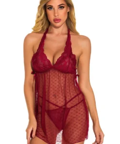 3WISHES Fancy French Dot Halter Babydoll Babydoll Lingerie