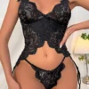 3WISHES Black Beauty Garter Cami Set Lingerie