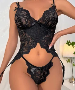 3WISHES Black Beauty Garter Cami Set Lingerie